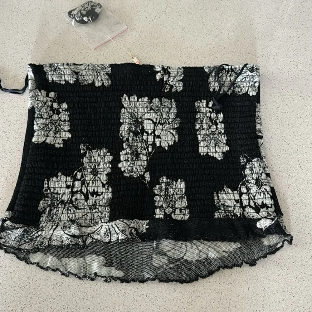 NWOT Free People Poppy Tube Top Black Floral Cropped L Removable Straps Smock